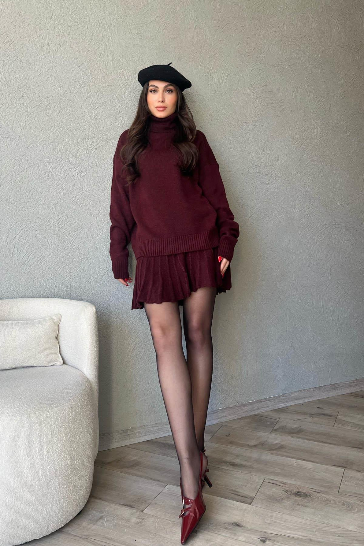 Bordo Triko Balıkçı Yaka Kazak ve Etek Takım