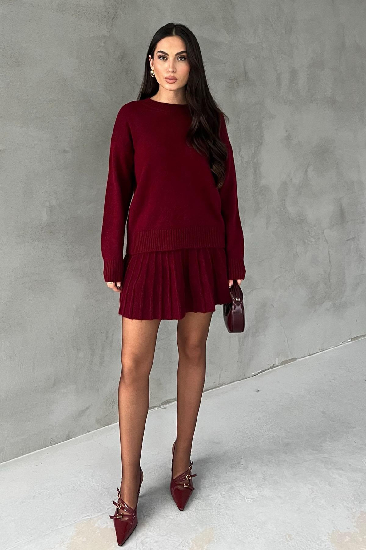 Bordo Triko Mini Etek Kazak Takım