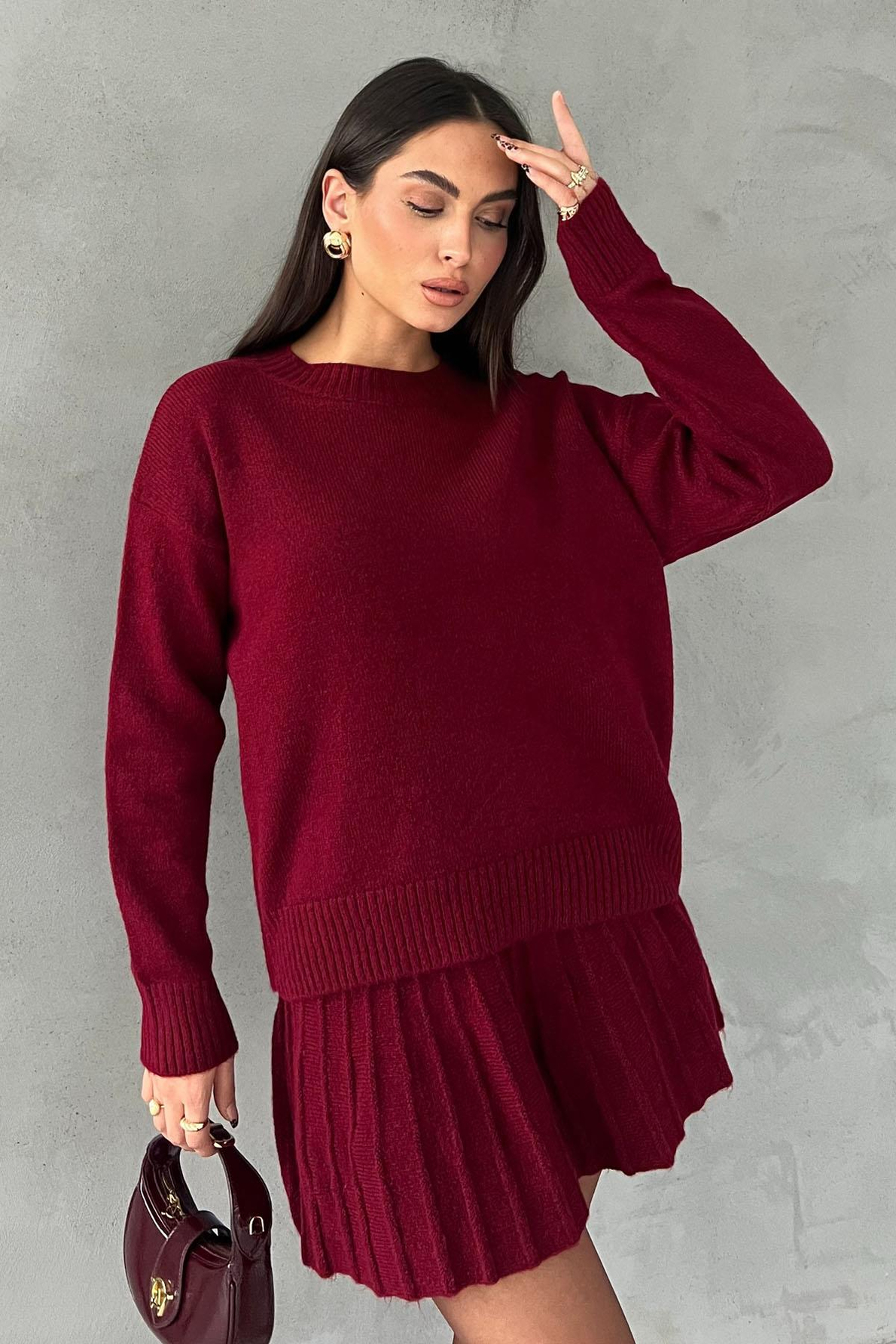 Bordo Triko Mini Etek Kazak Takım