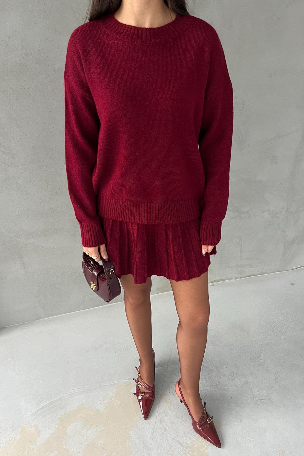 Bordo Triko Mini Etek Kazak Takım