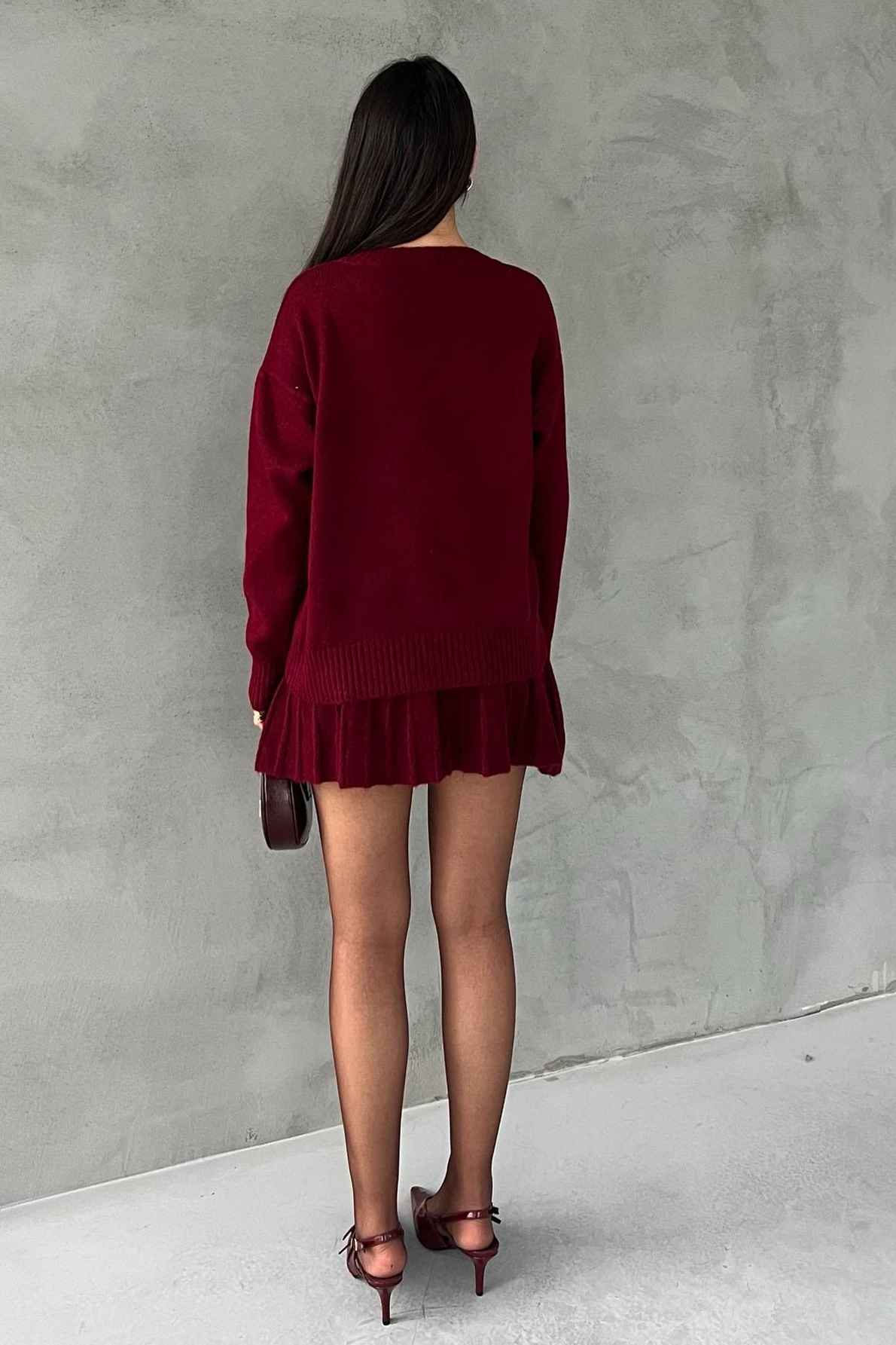 Bordo Triko Mini Etek Kazak Takım