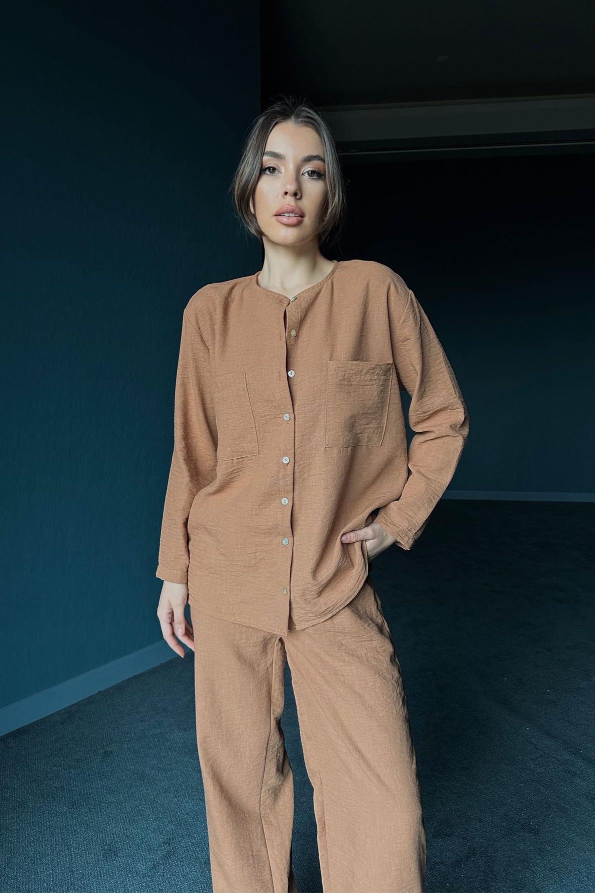 Camel İki Cepli Gömlek ve Pantolon Takım