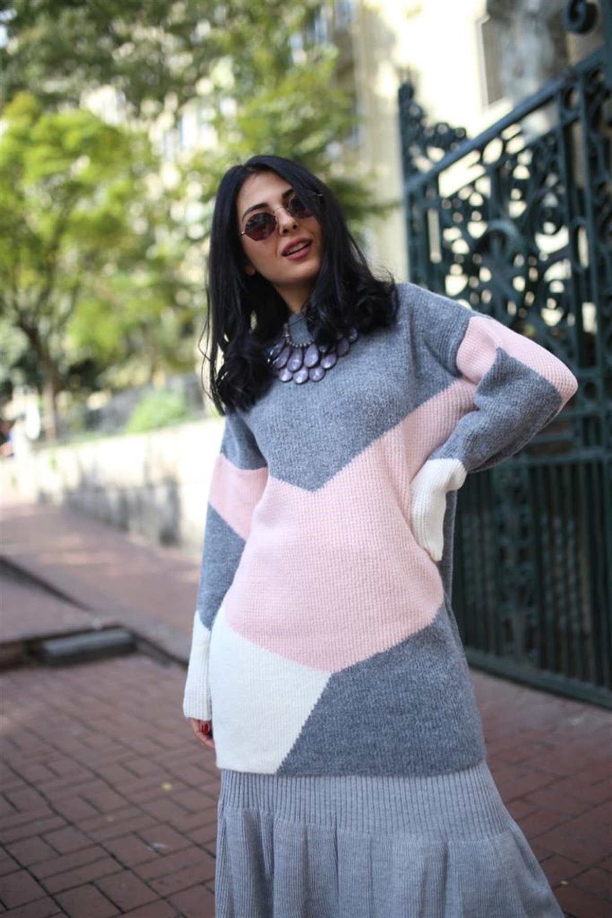 Cece Woman Gri 3 Renkli Kazak