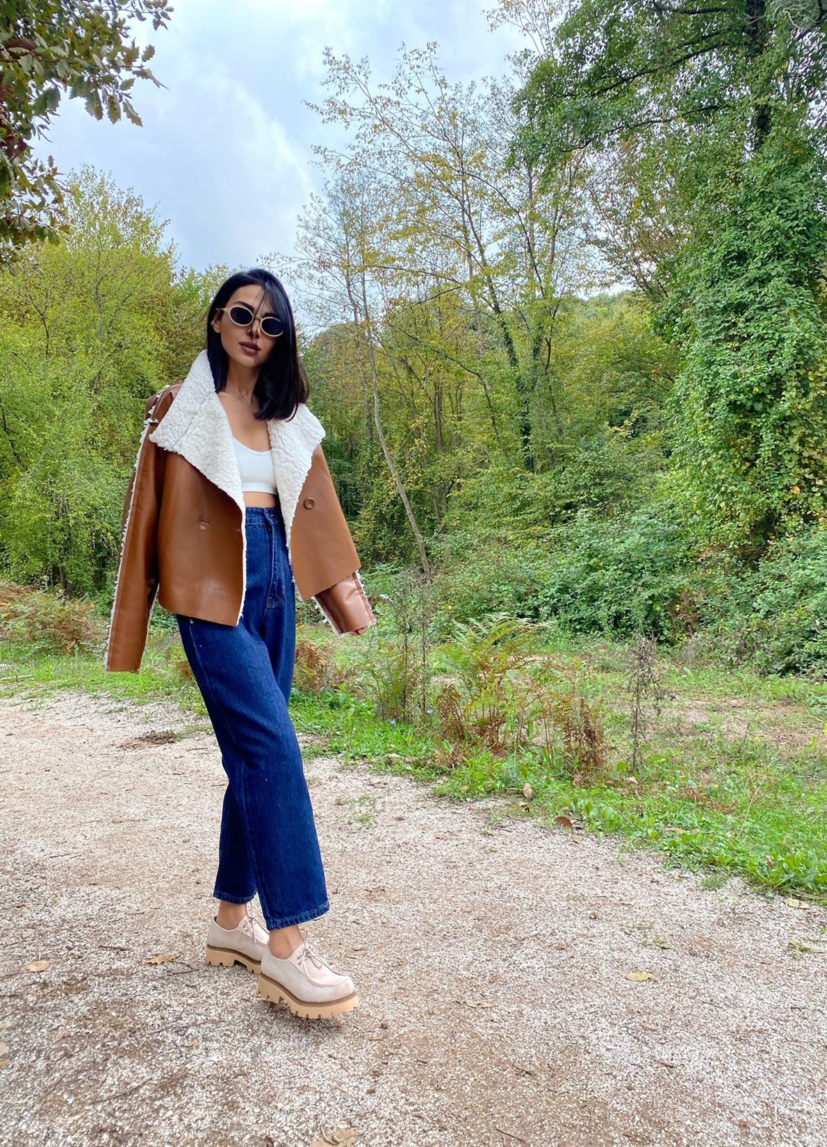 Çift Düğme Oversize Kahve Deri Ceket