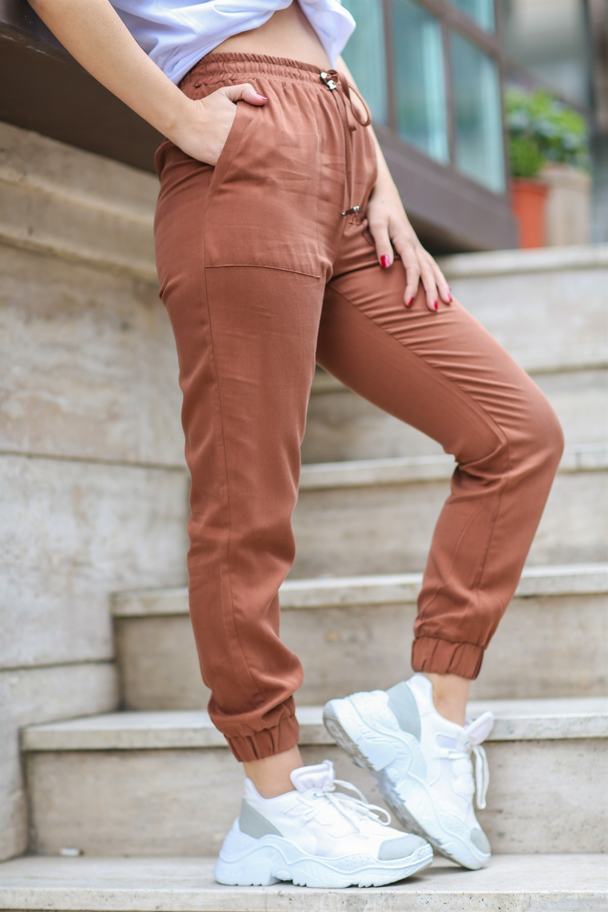 Cream&Rouge Kiremit Renk Paçası Lastikli Pantolon