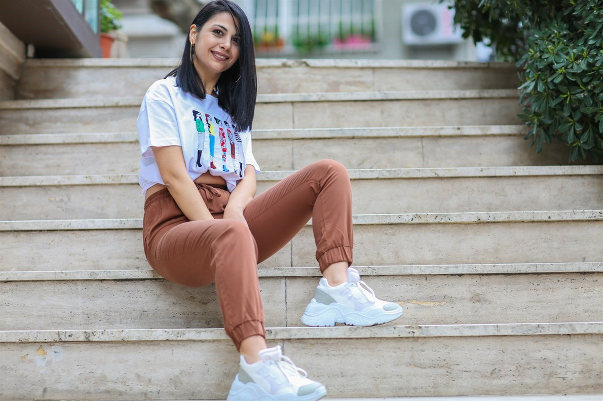 Cream&Rouge Kiremit Renk Paçası Lastikli Pantolon