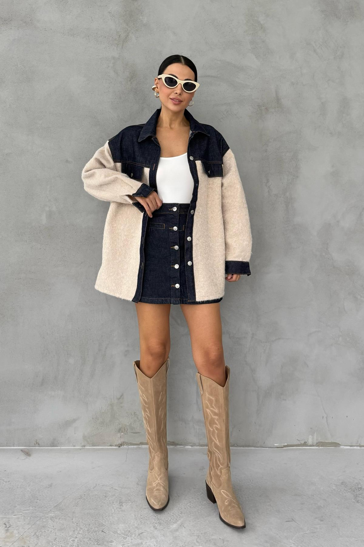Denim Garnili Buklet Ceket