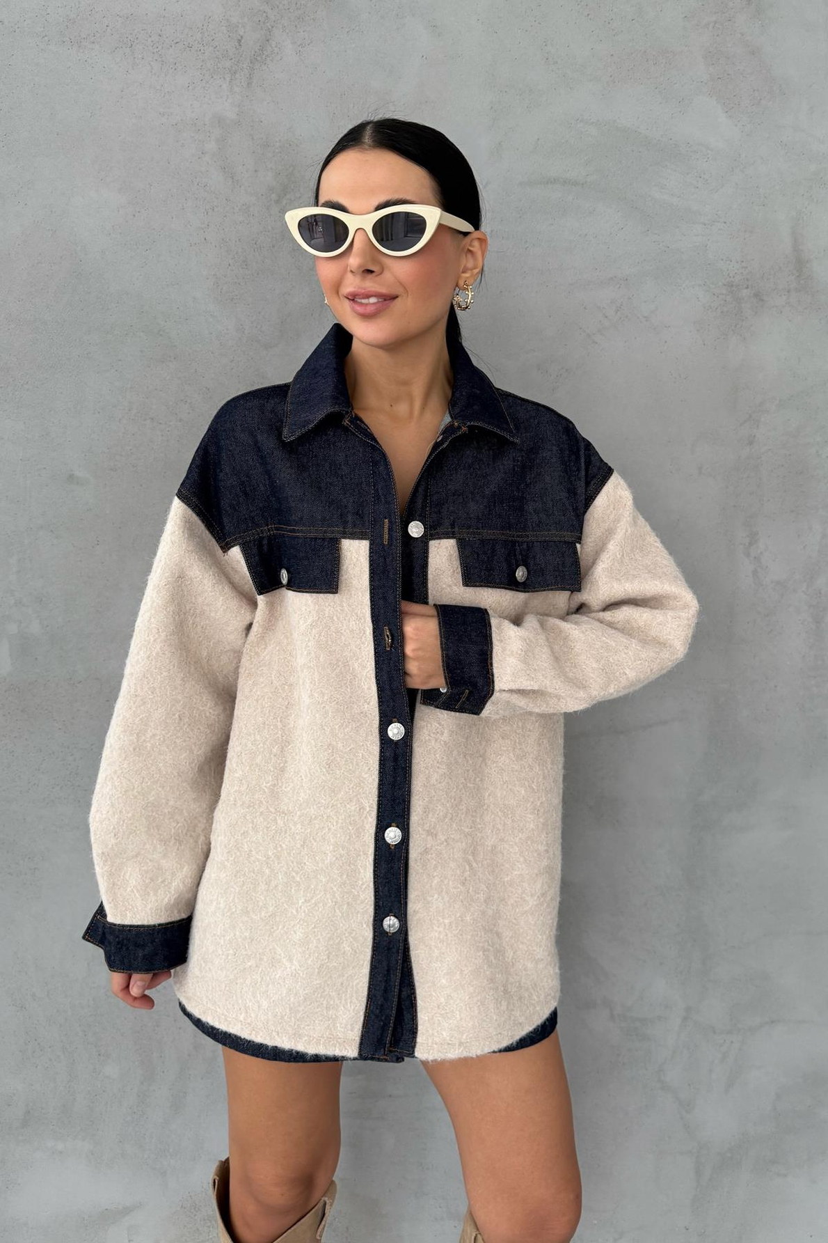 Denim Garnili Buklet Ceket