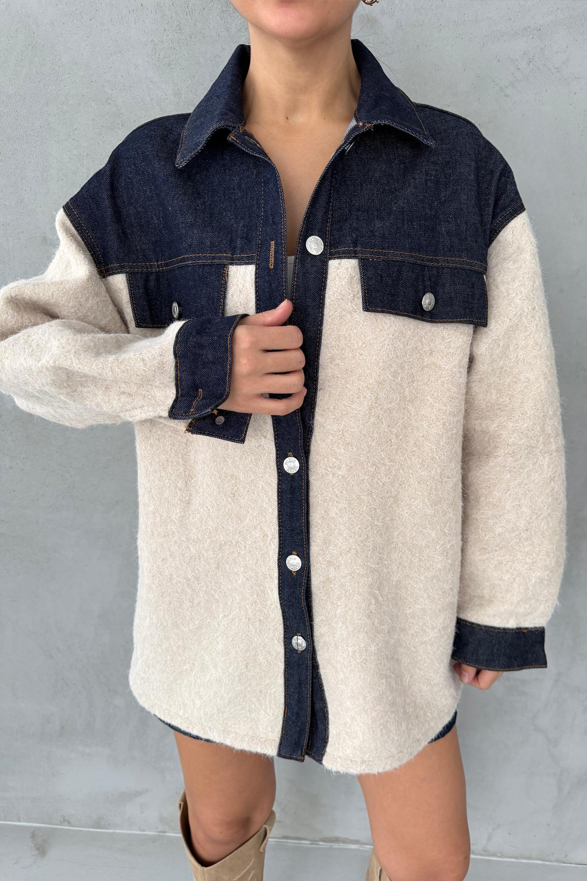 Denim Garnili Buklet Ceket
