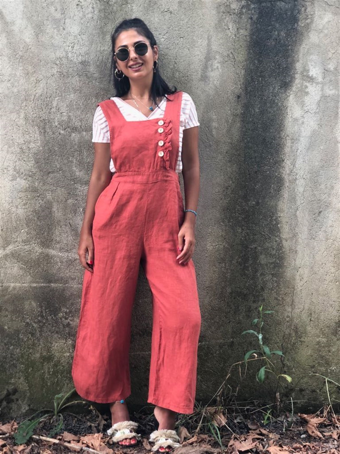Düğmeli Keten Tulum