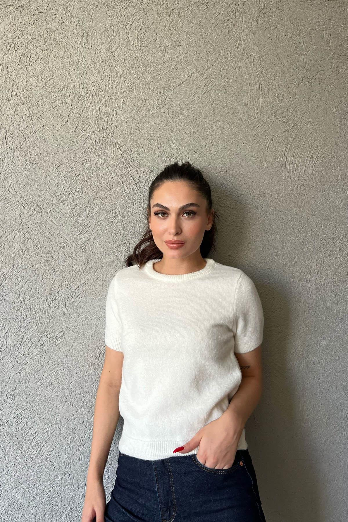 Ekru Bisiklet Yaka Kısa Kol Triko