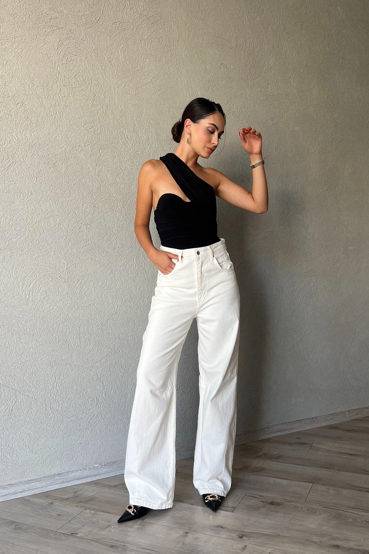 Ekru Dikiş Detaylı Baggy Jean