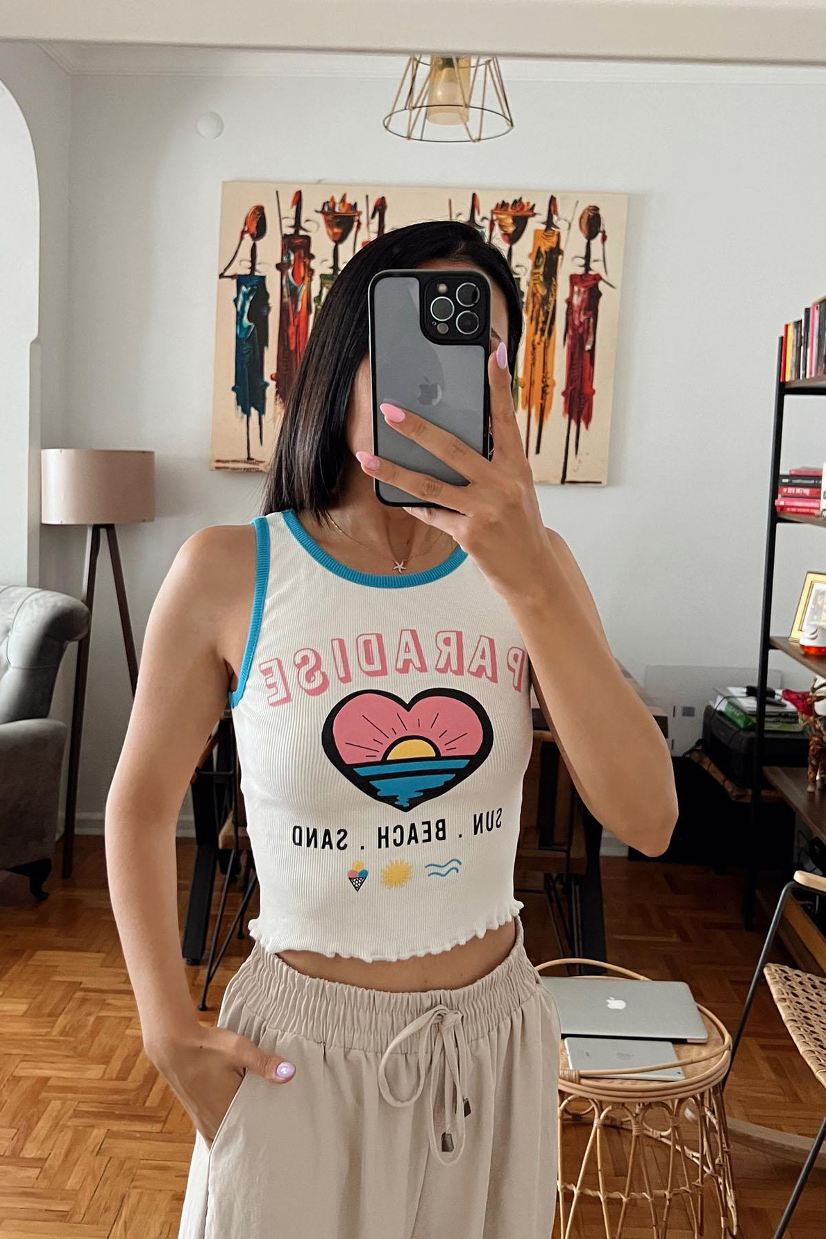 Ekru Garnili Baskılı T-Shirt