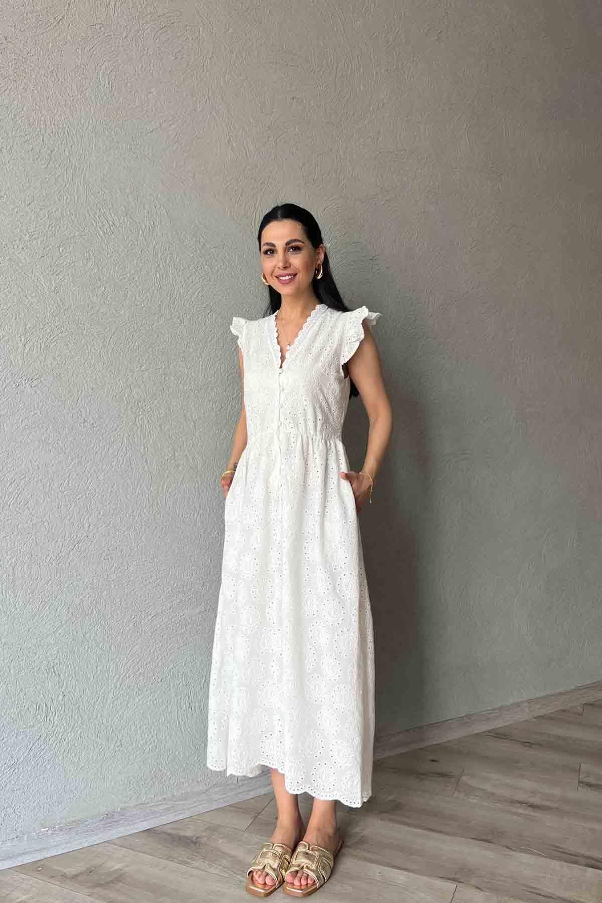 Ekru Önü Düğme Detaylı Brode Elbise