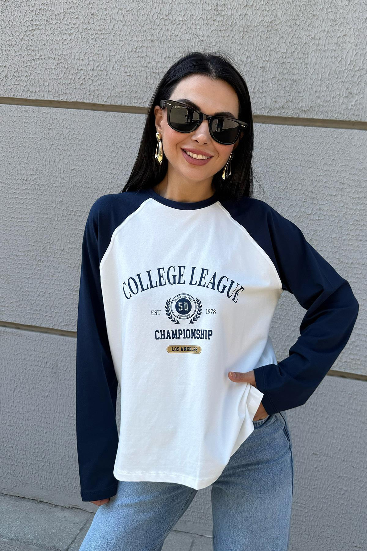 Ekru Reglan Kol Baskılı Bisiklet Yaka İnce Sweatshirt