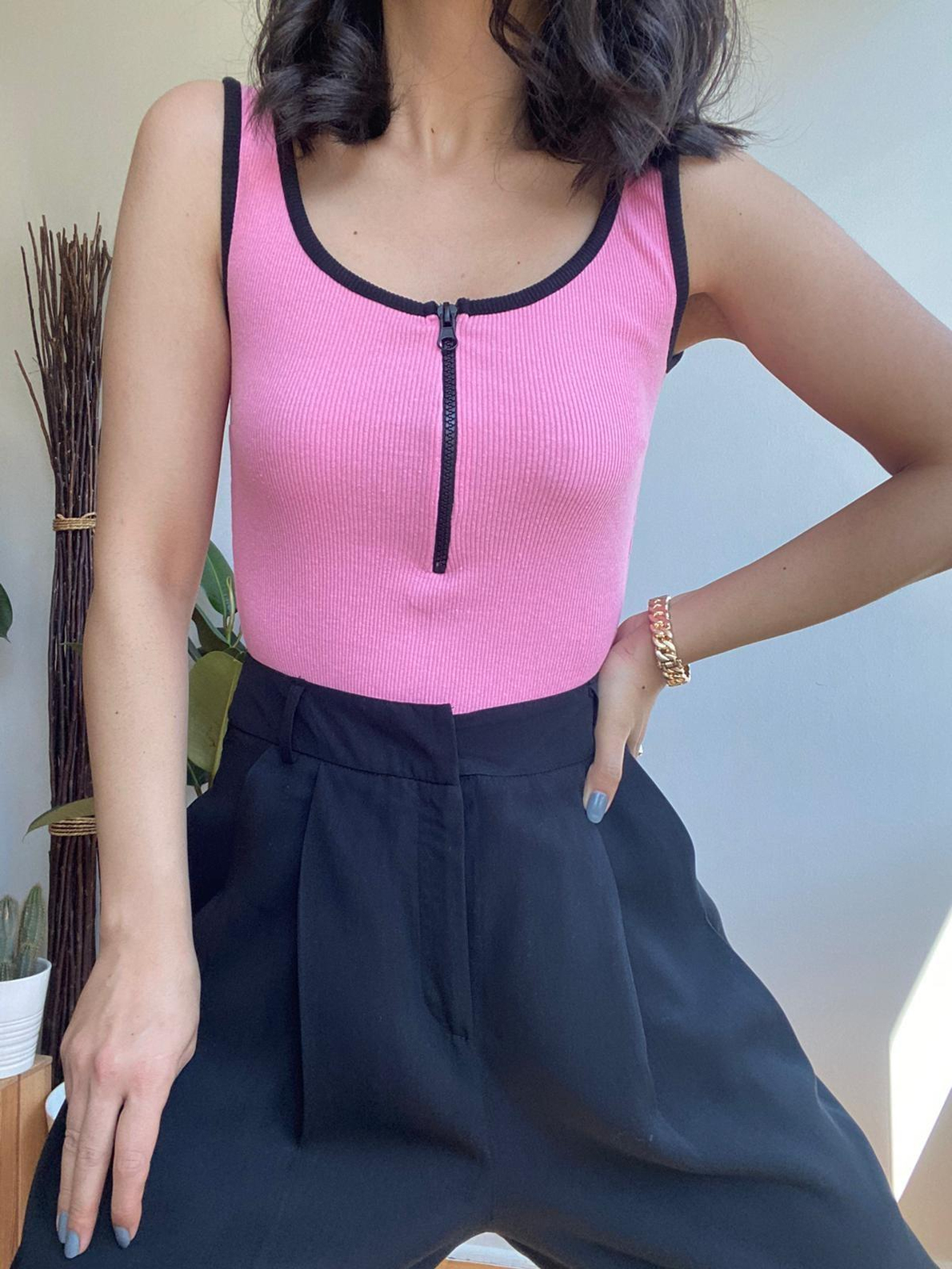 Fermuar Detaylı Bodysuıt-Pembe