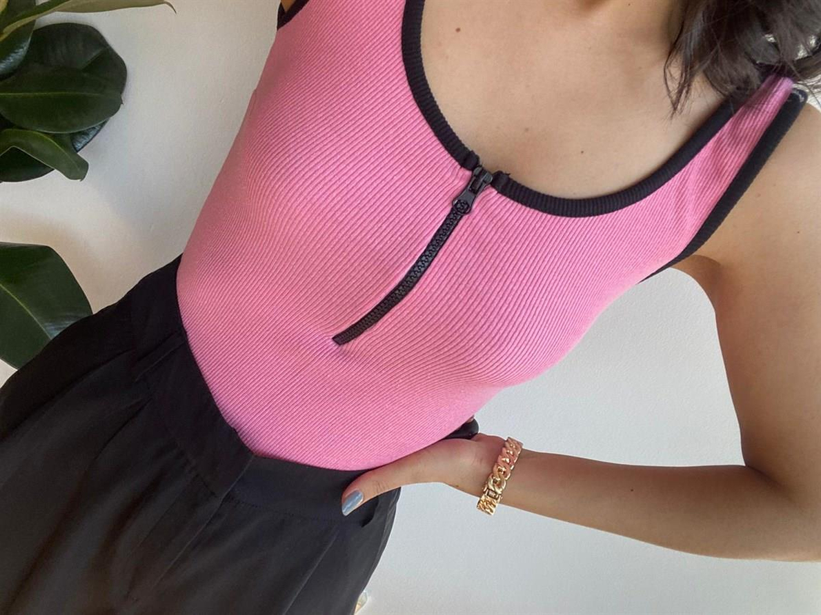 Fermuar Detaylı Bodysuıt-Pembe