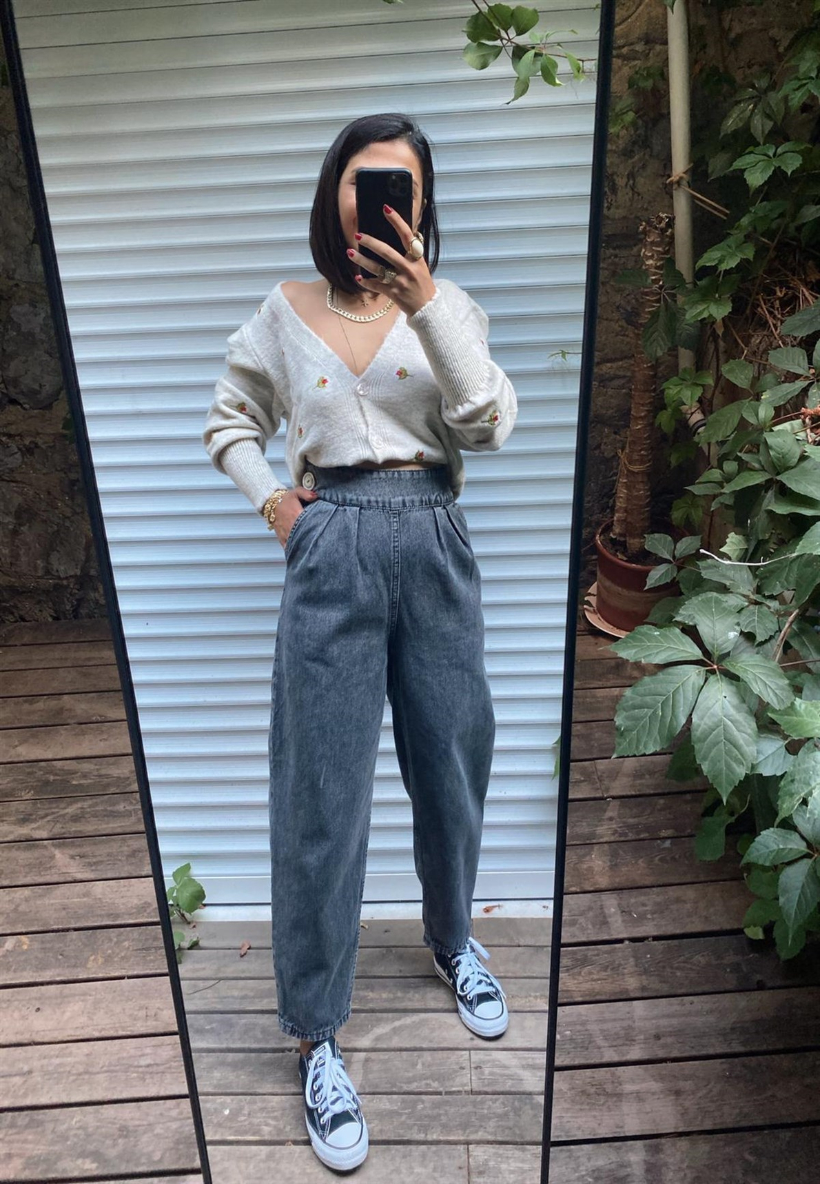 Füme Pileli Yandan Düğmeli Jean