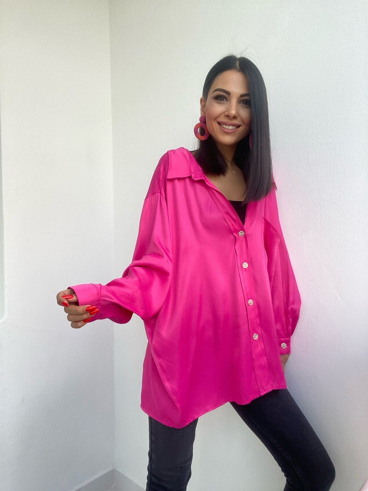 Fuşya Oversize Saten Gömlek