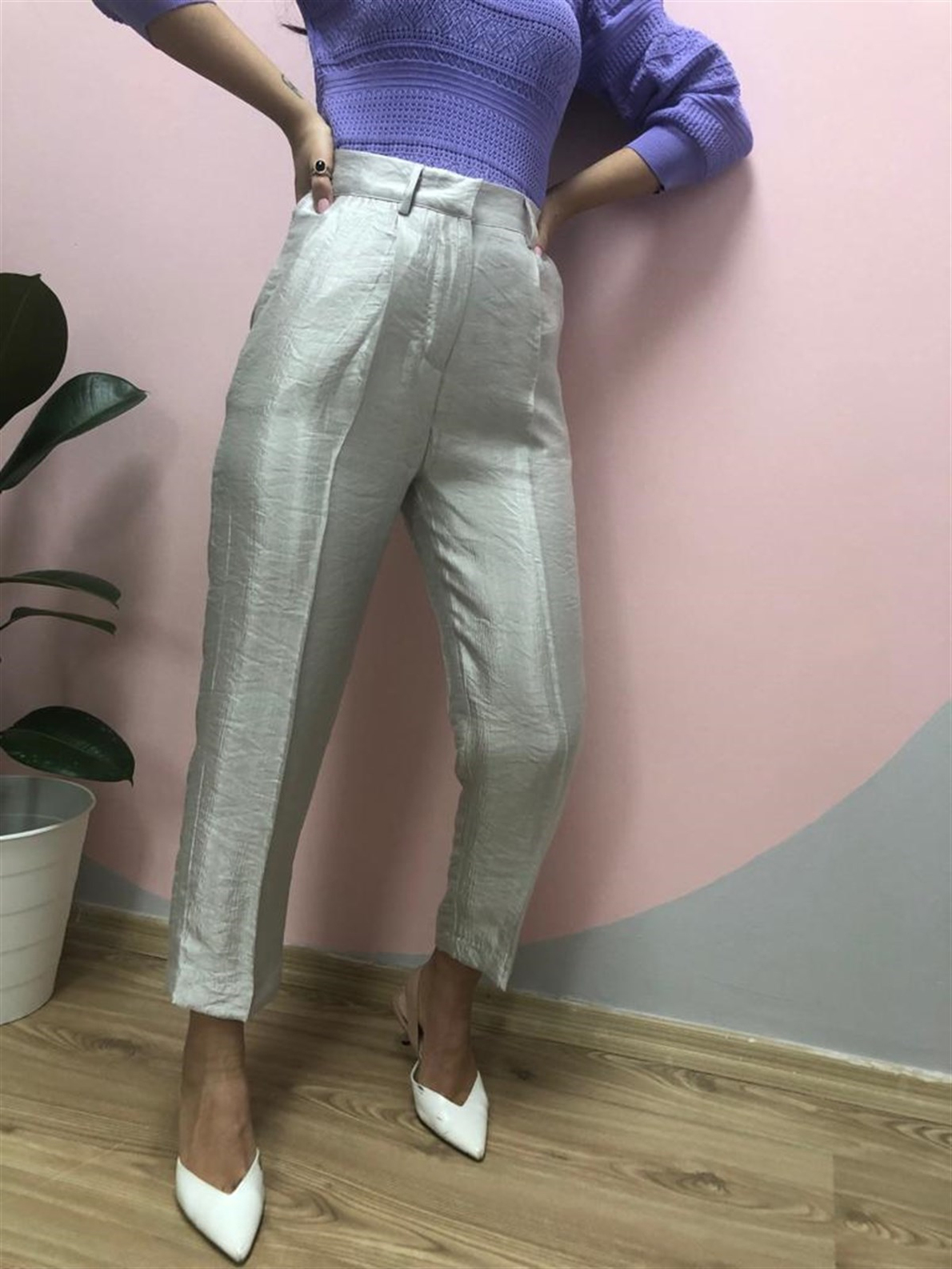Gri Beli Lastikli Pantolon