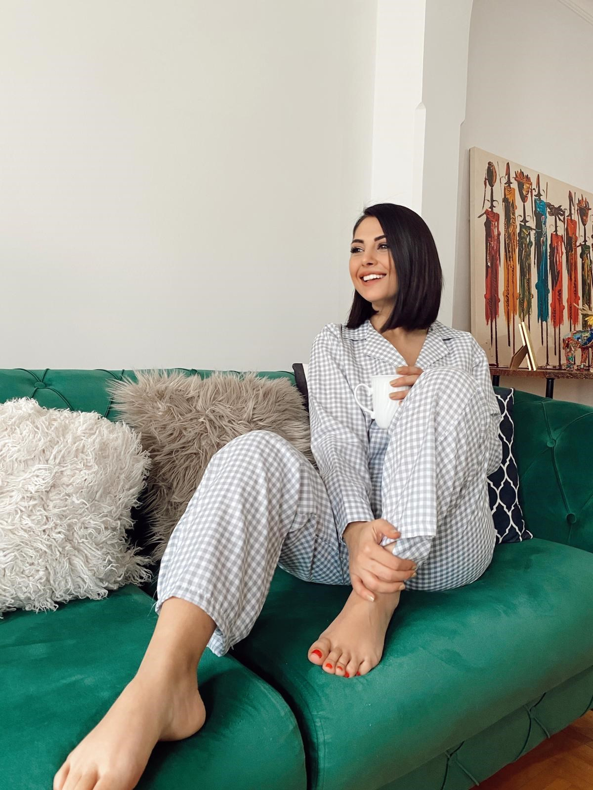 Gri Beyaz Pötikareli Pijama Takım
