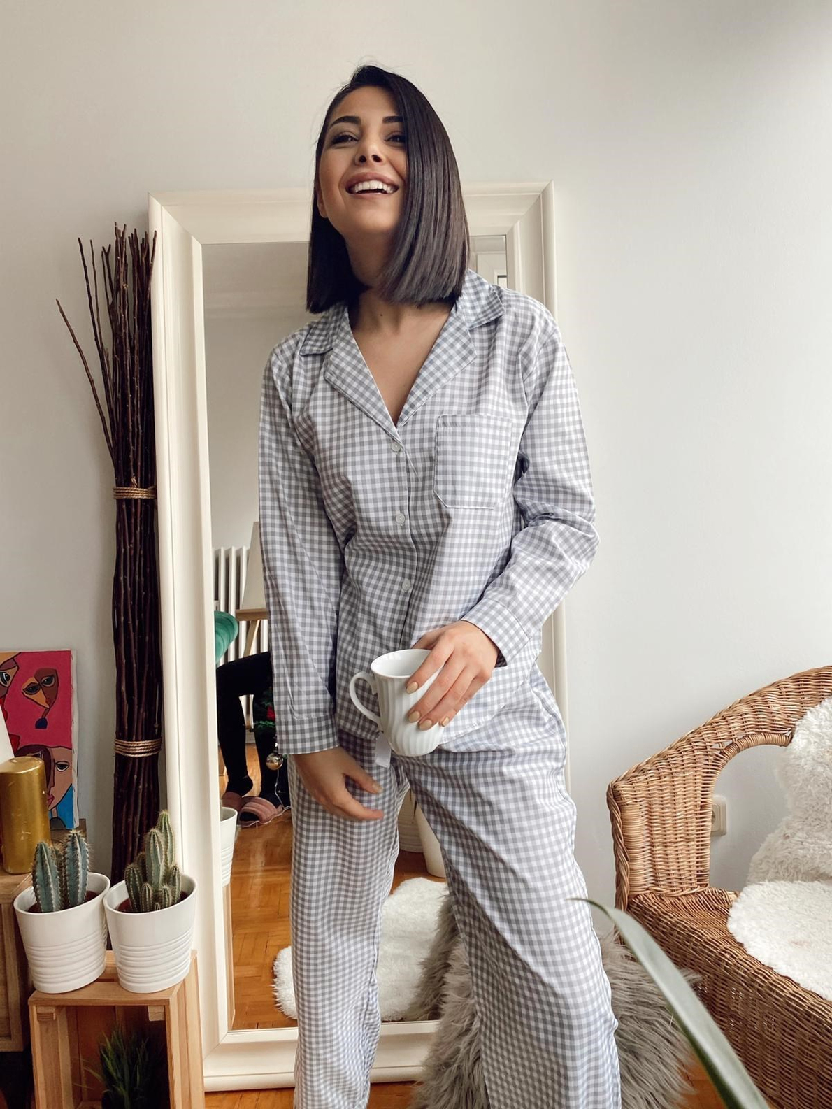 Gri Beyaz Pötikareli Pijama Takım