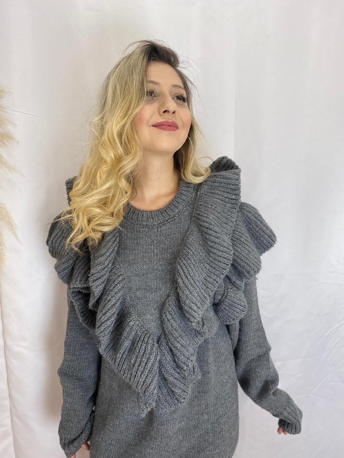 Gri Fırfırlı Oversize Kazak/Tunik