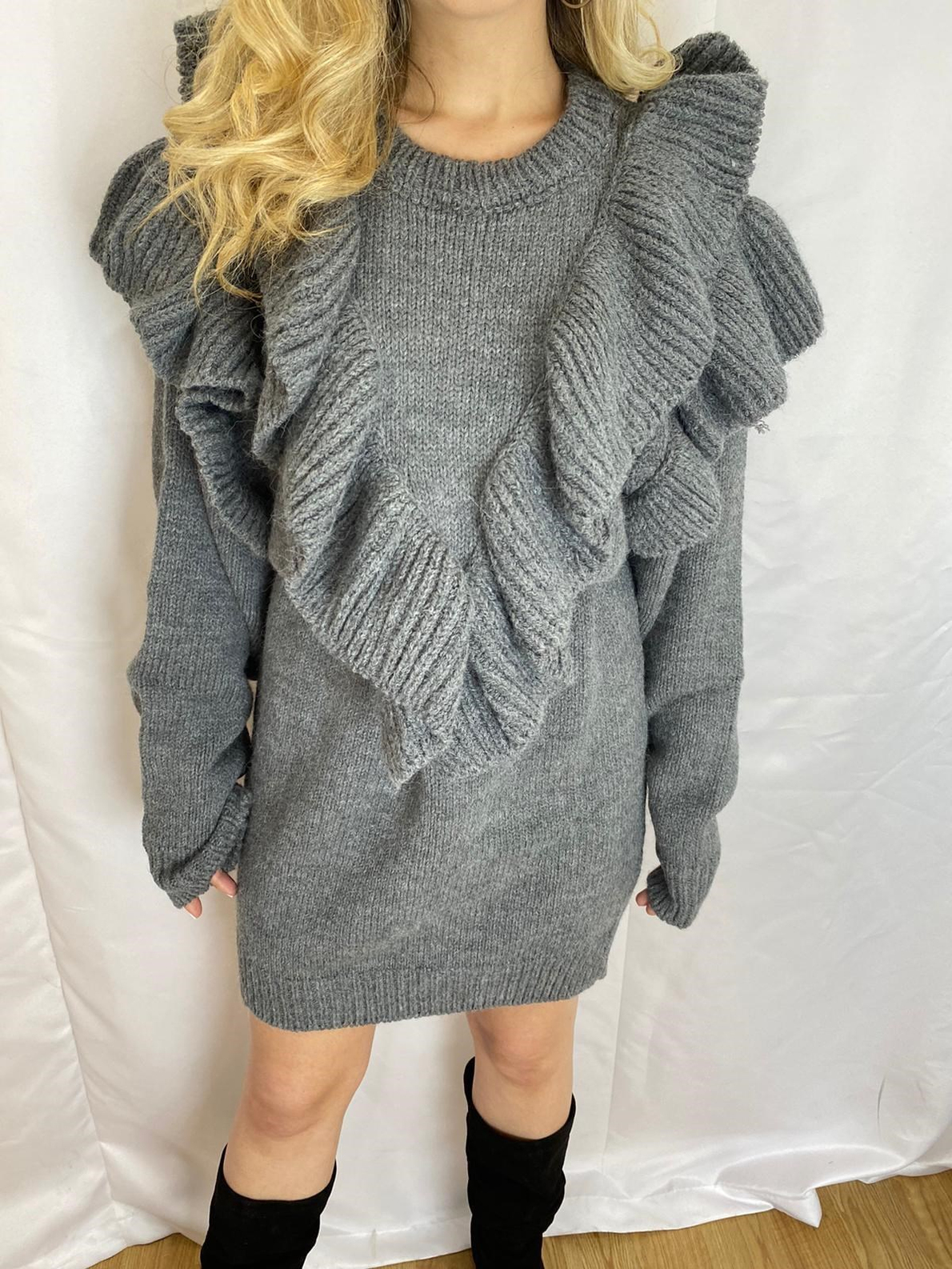 Gri Fırfırlı Oversize Kazak/Tunik