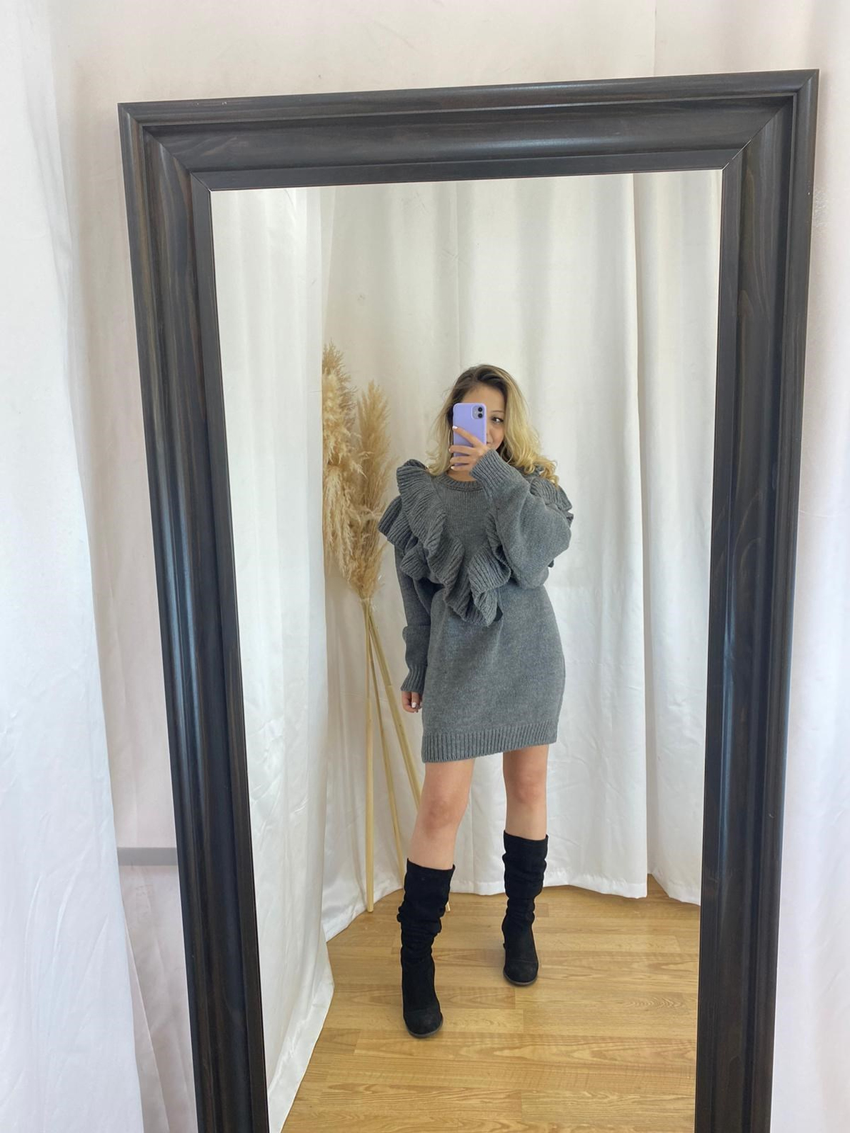 Gri Fırfırlı Oversize Kazak/Tunik