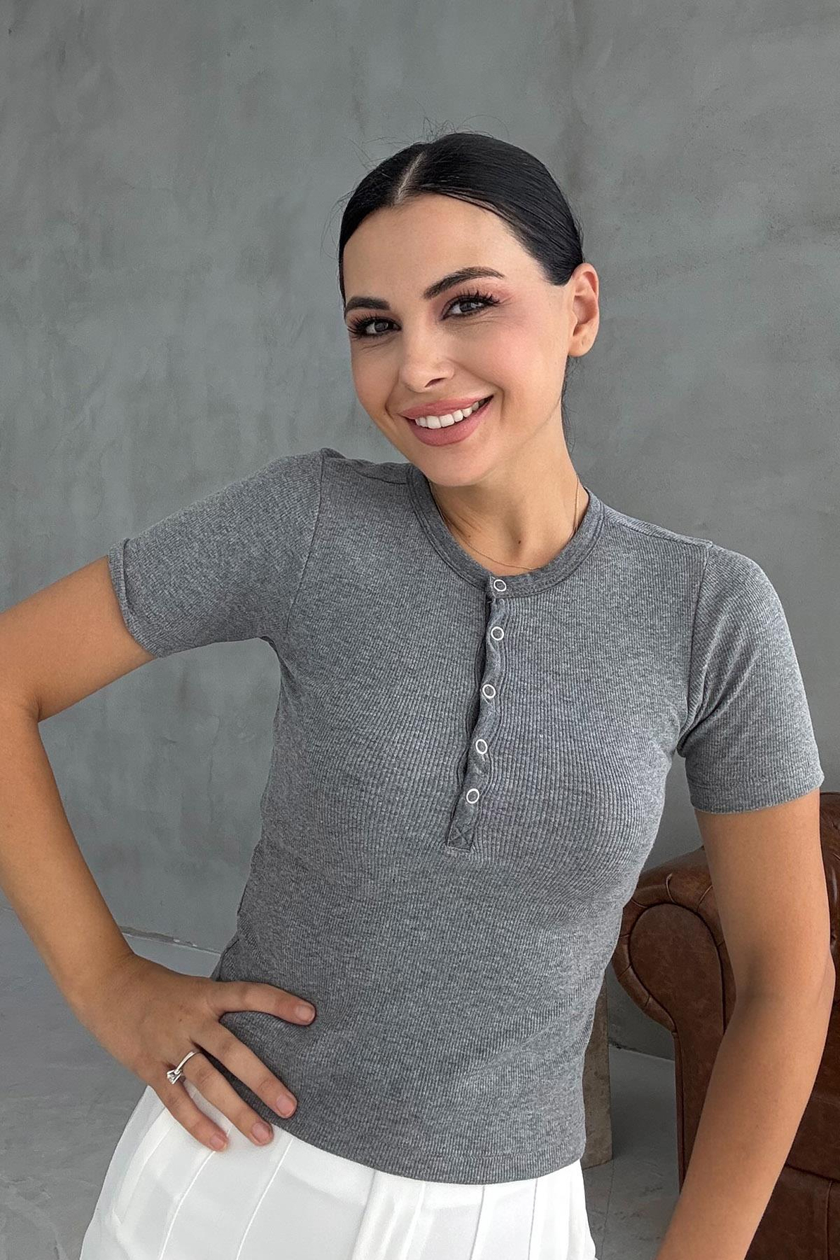 Gri Kısa Kollu Çıtçıtlı Body