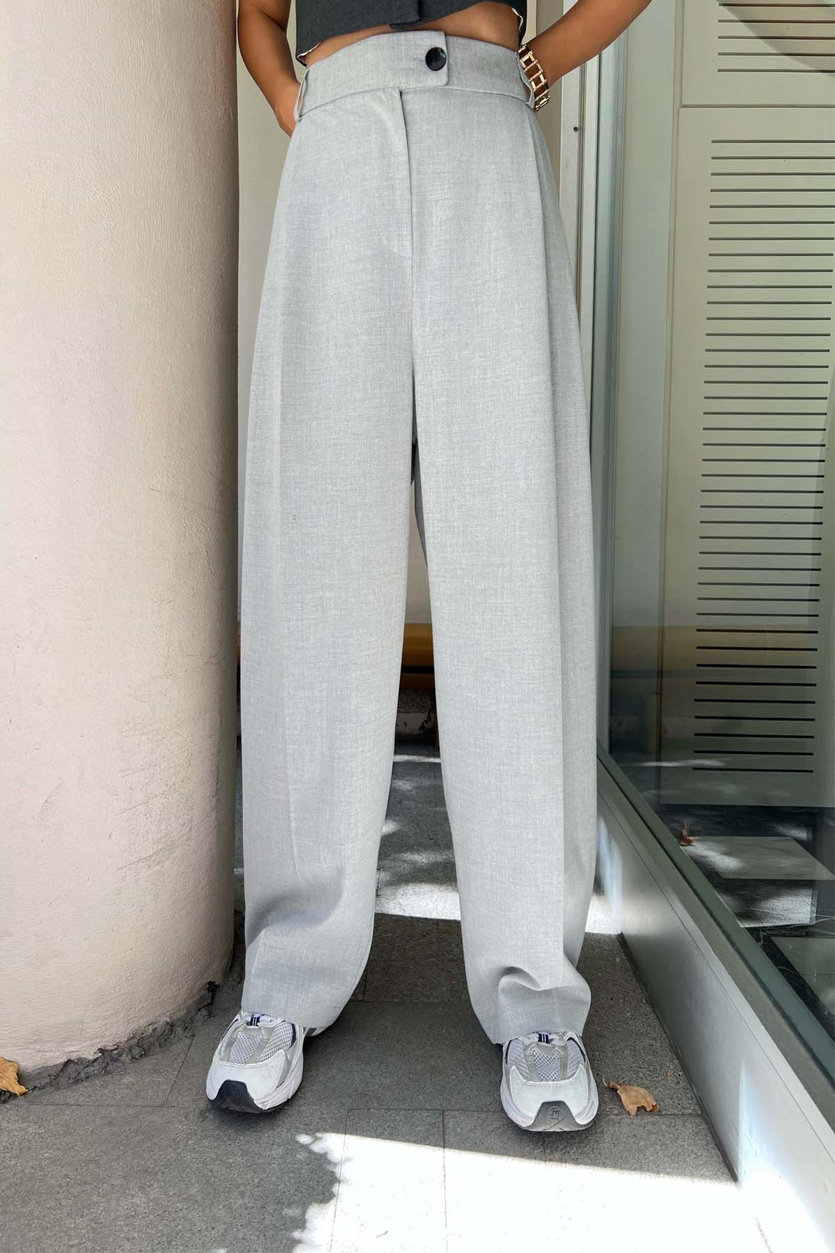 Gri Lastik Detaylı Palazzo Pantolon