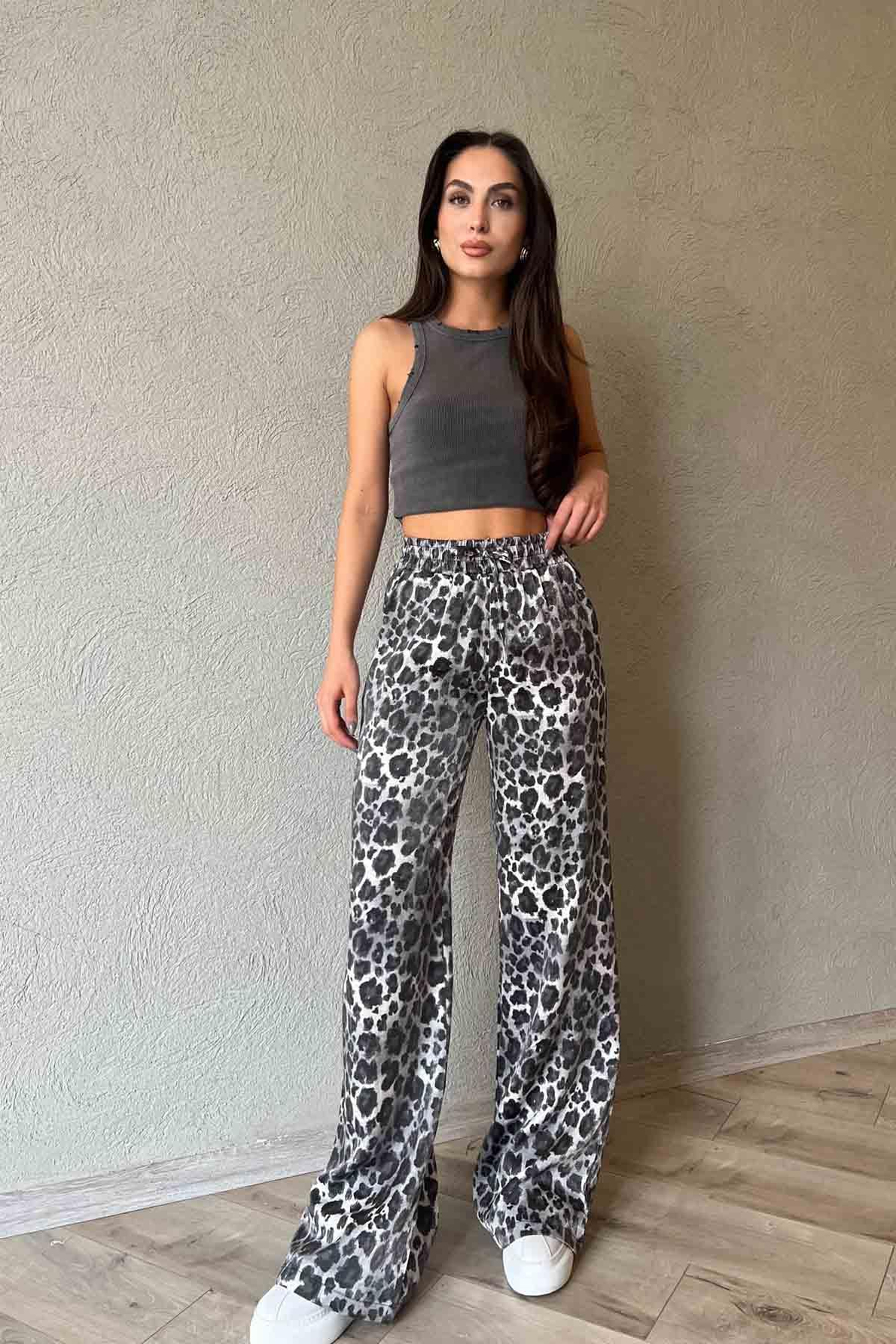 Gri Leopar Parlak Desen Beli Bağcıklı Pantolon