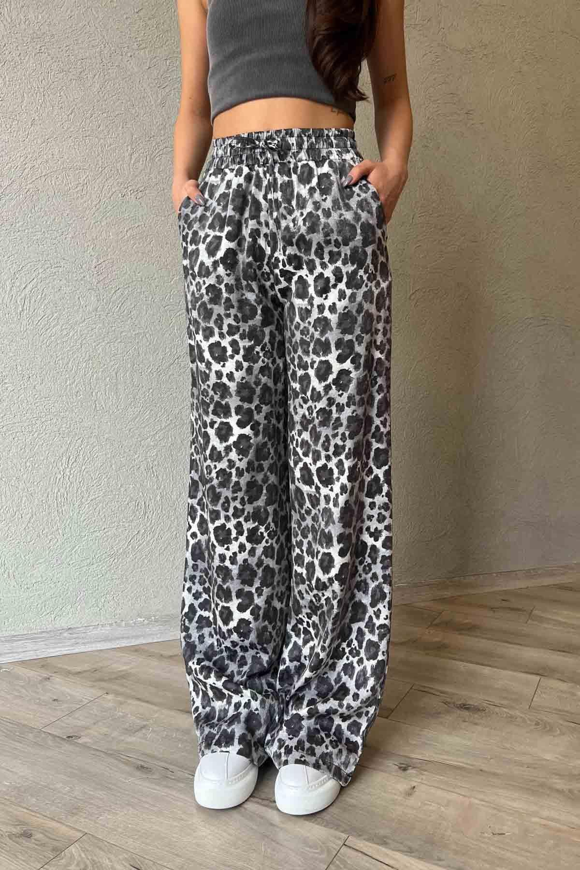 Gri Leopar Parlak Desen Beli Bağcıklı Pantolon