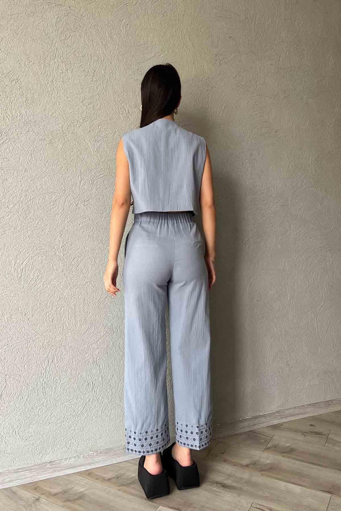 Gri Nakış Detaylı Keten Pantolon