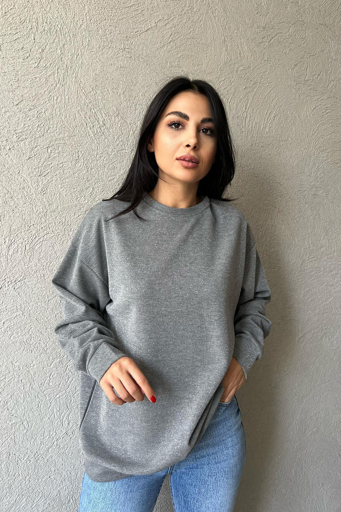 Gri Simli Bisiklet Yaka Sweat