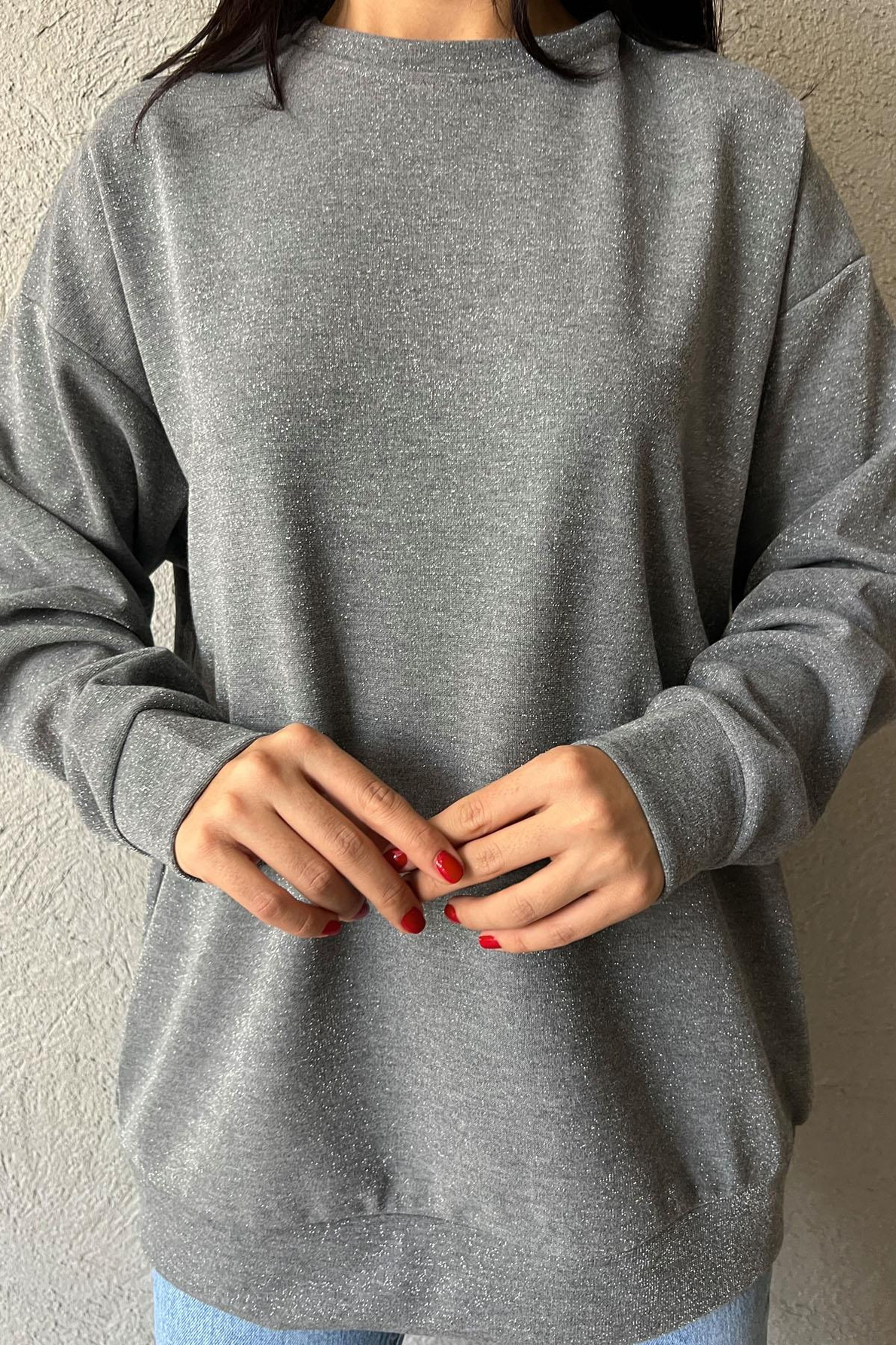 Gri Simli Bisiklet Yaka Sweat
