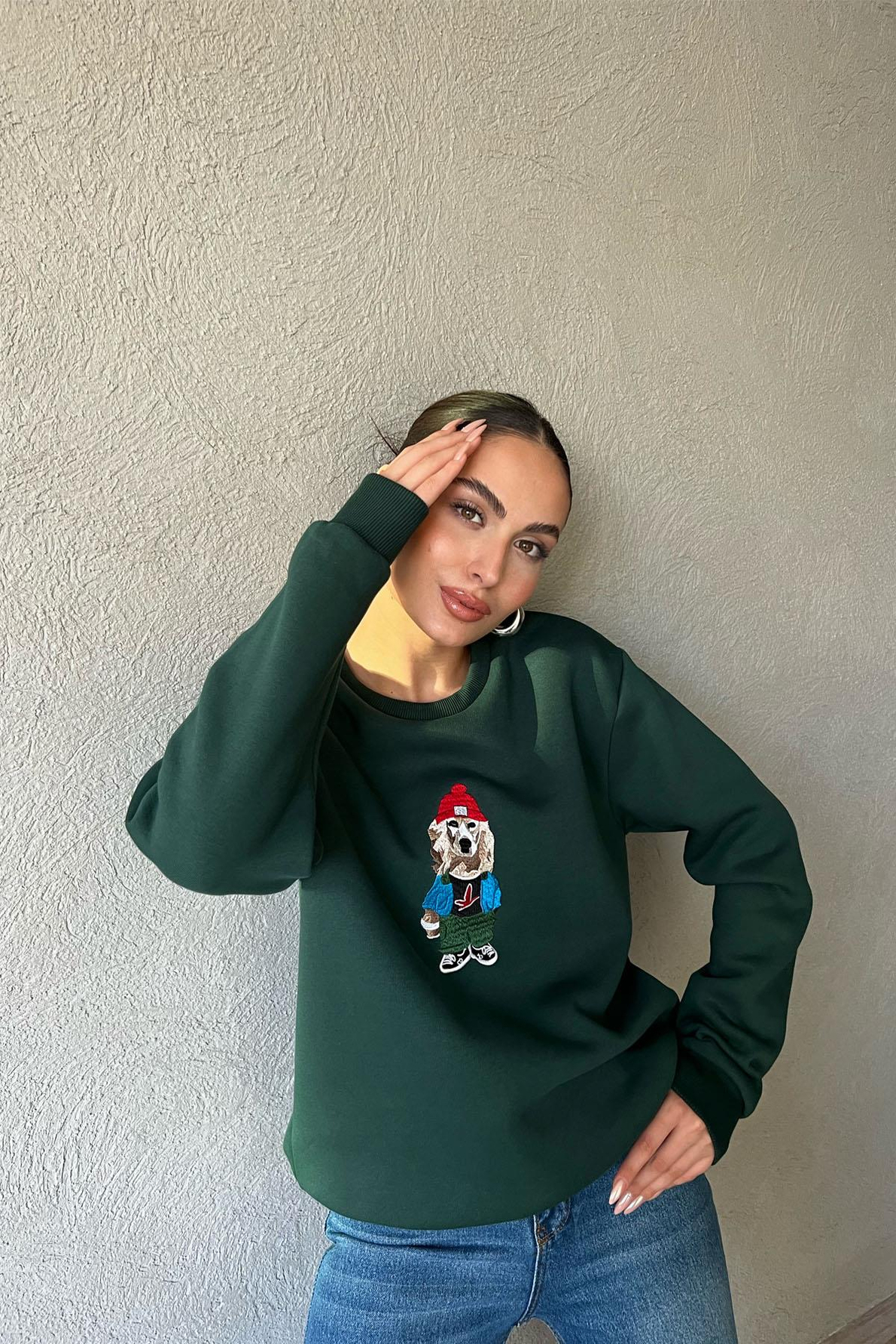 Haki Baskı Desenli Oversize Sweatshirt