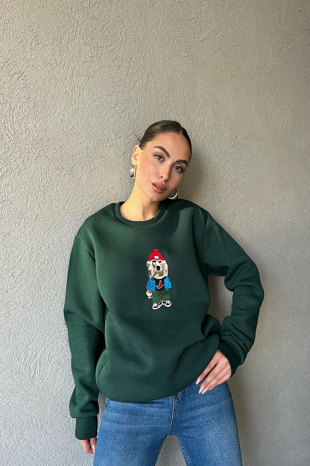 Haki Baskı Desenli Oversize Sweatshirt