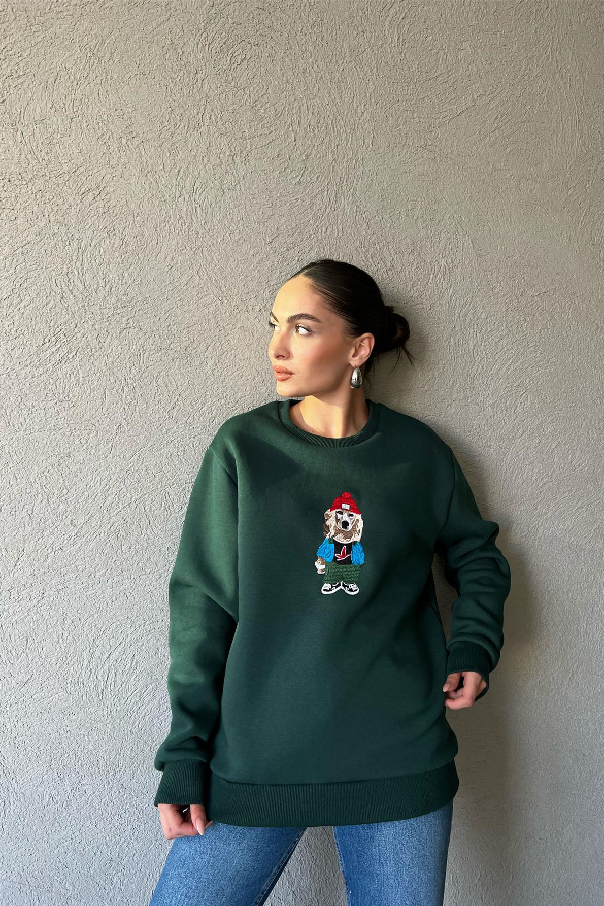 Haki Baskı Desenli Oversize Sweatshirt