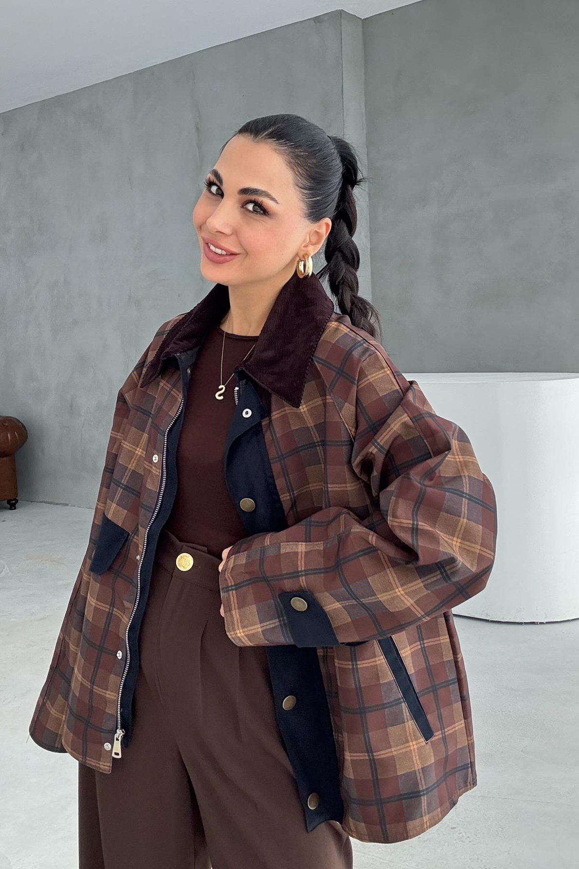 Haki Kadife Yakalı Ekose Ceket