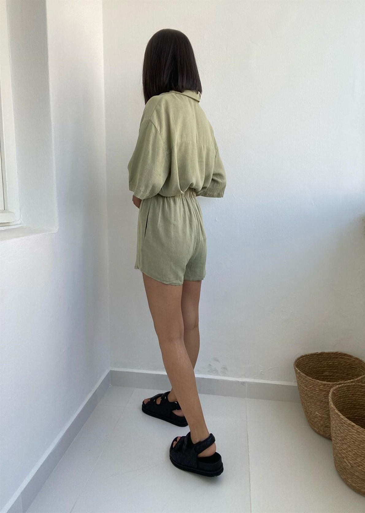 Haki Keten Şort Takım