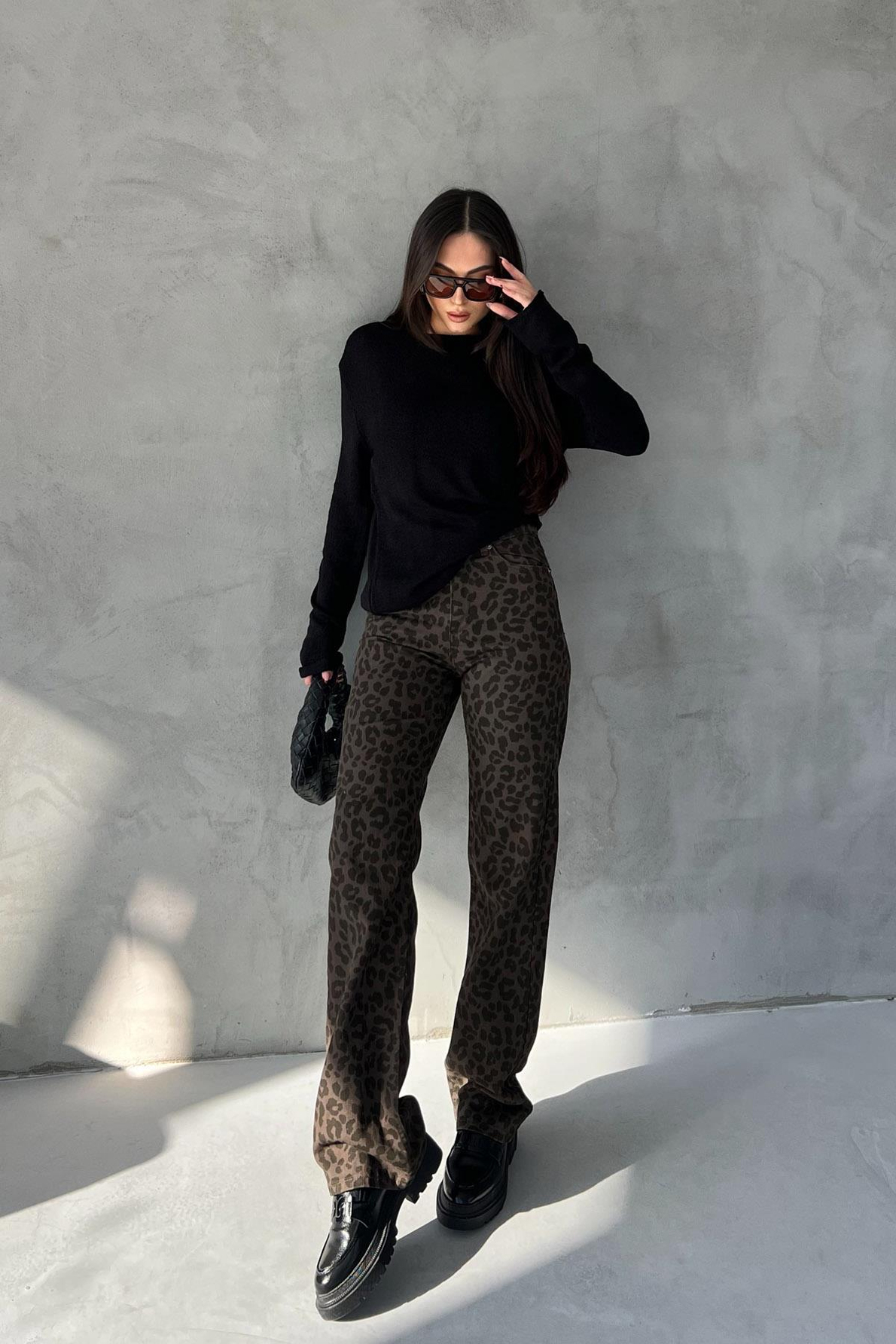 Haki Leopar Desen Yüksek Bel Denim Pantolon