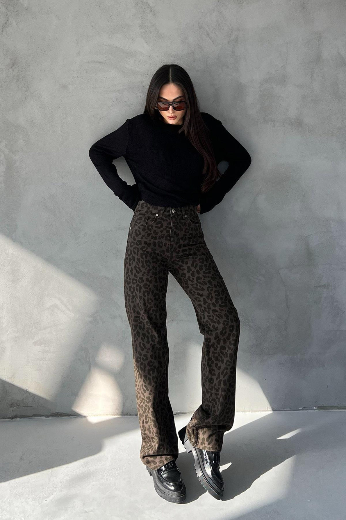 Haki Leopar Desen Yüksek Bel Denim Pantolon