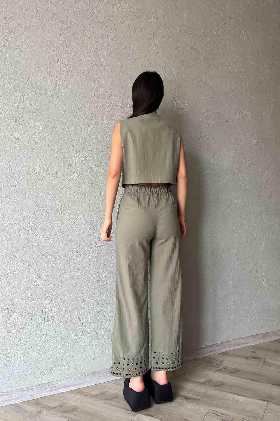Haki Nakış Detaylı Keten Pantolon