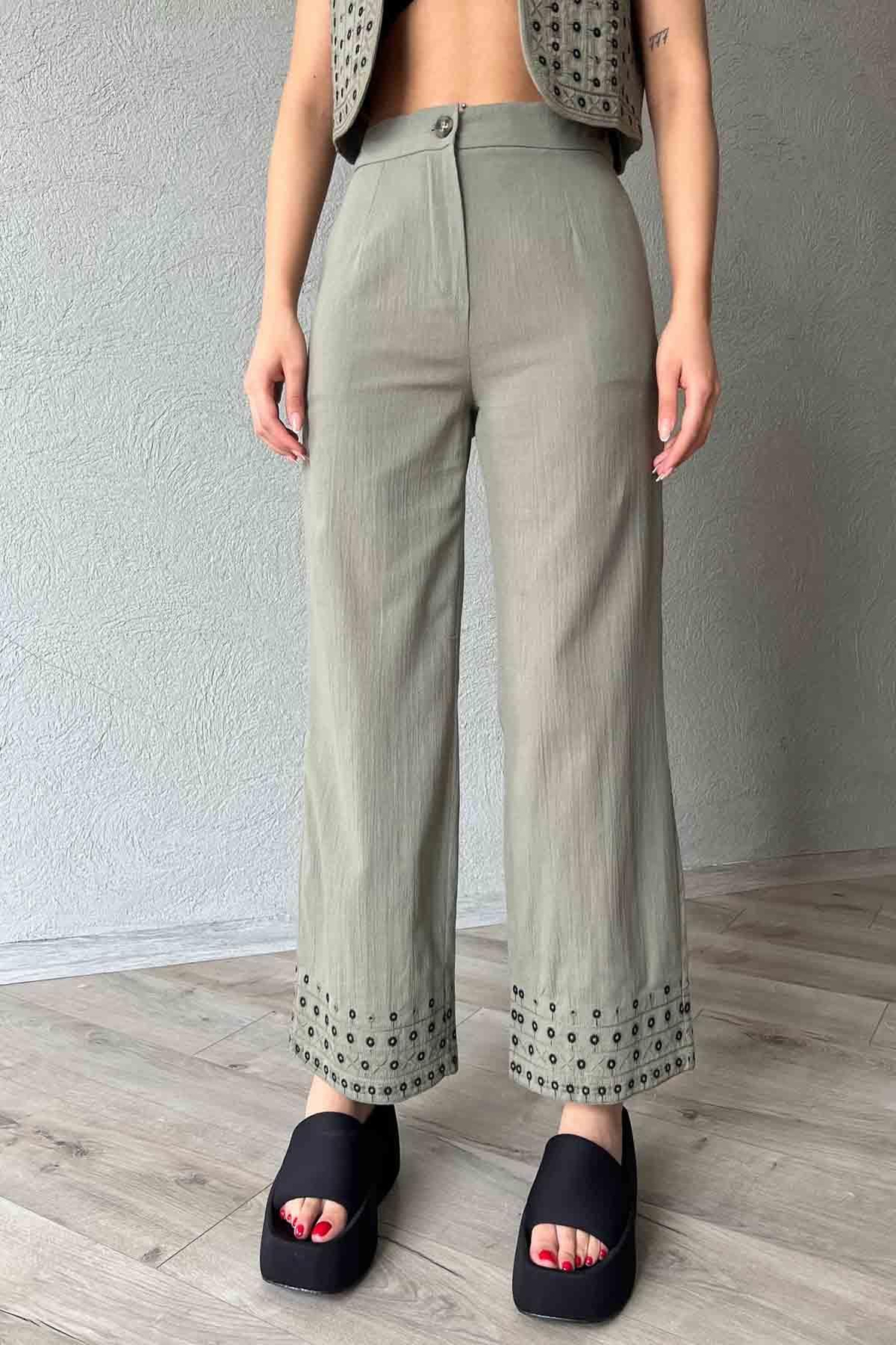 Haki Nakış Detaylı Keten Pantolon