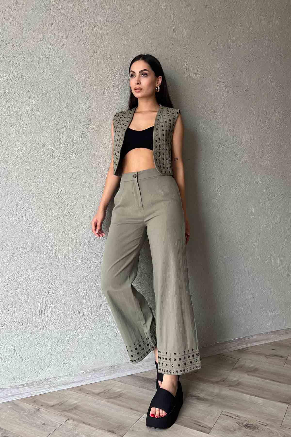 Haki Nakış Detaylı Keten Pantolon