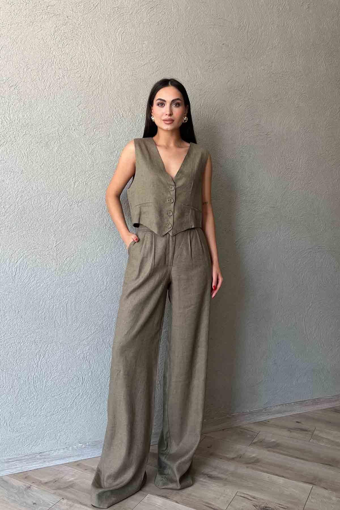 Haki Pile Detaylı Rahat Kesim Keten Pantolon