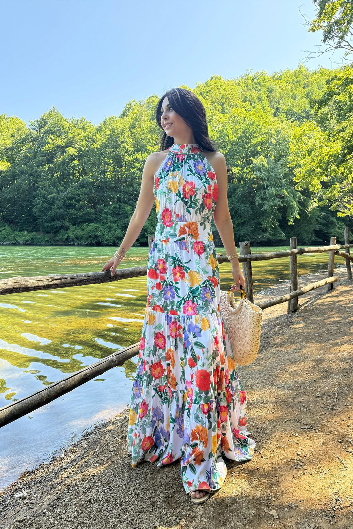 Halter Yaka Çok Renkli Çiçekli Elbise