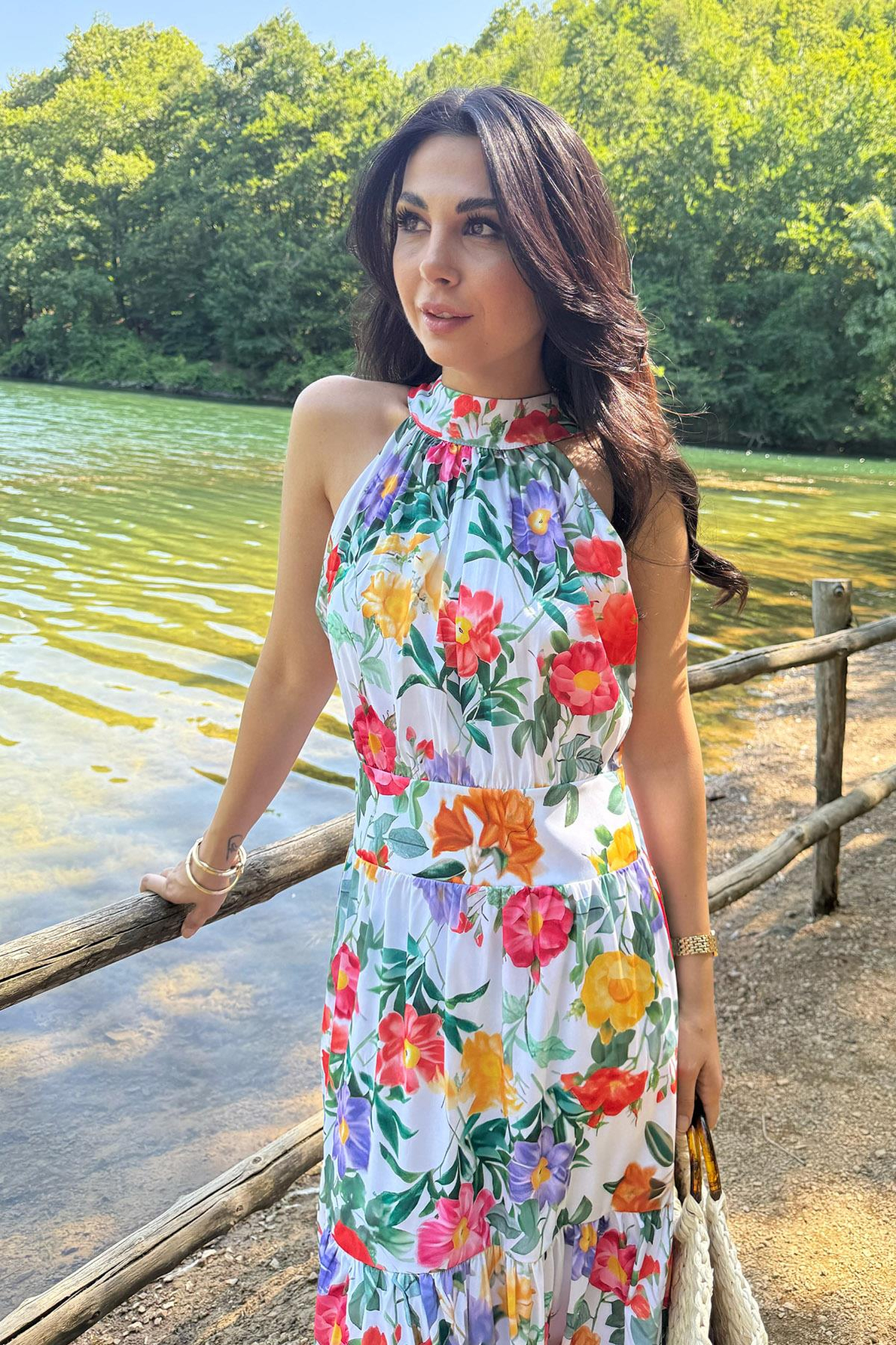 Halter Yaka Çok Renkli Çiçekli Elbise