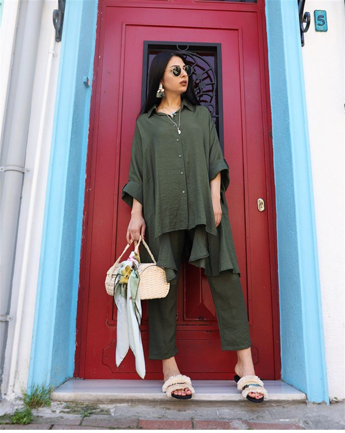 Hot Fashion Yeşil Keten oversize Takım